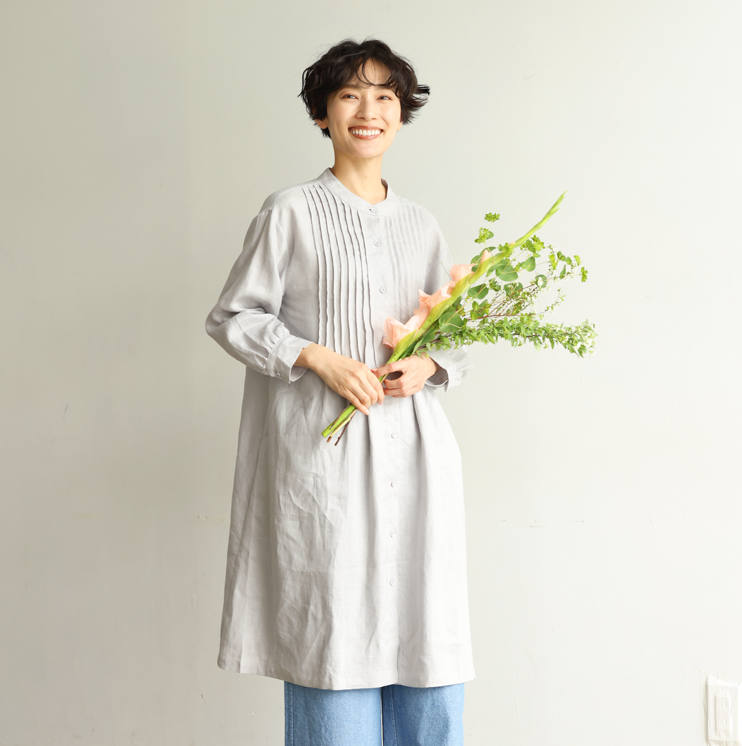 季節を問わずロングシーズン活躍 リネン100％シャツワンピース 