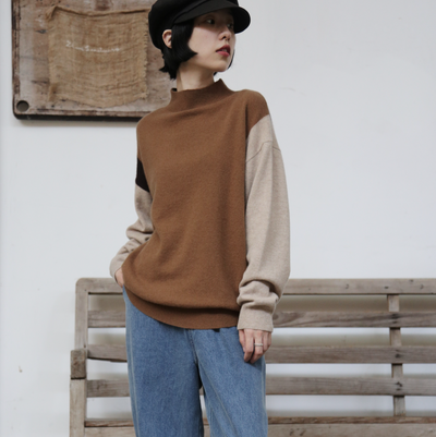 上品で雰囲気を醸し出す配色セーター　前後２wayセーター　ウールセーター ハイネック ニット　251006-1