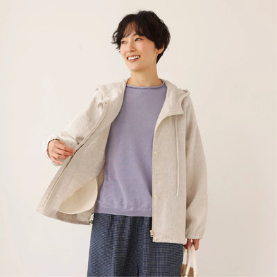 着る人を選ばない、長く愛用できる一枚 リネン100% フード付きブルゾン 秋冬アウター　生成色　250902-1