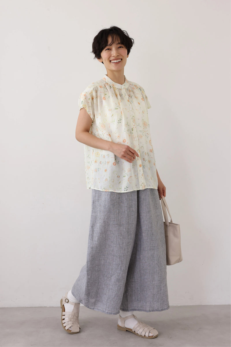 心地よさとおしゃれさを両立したワイドパンツ　千鳥格子織リネン100％　9分丈パンツ　ズボン　250901-2