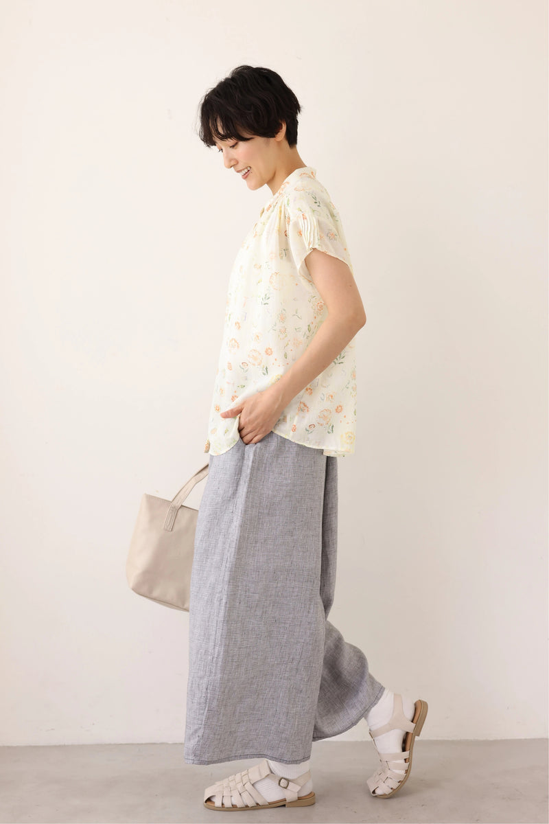 心地よさとおしゃれさを両立したワイドパンツ　千鳥格子織リネン100％　9分丈パンツ　ズボン　250901-2