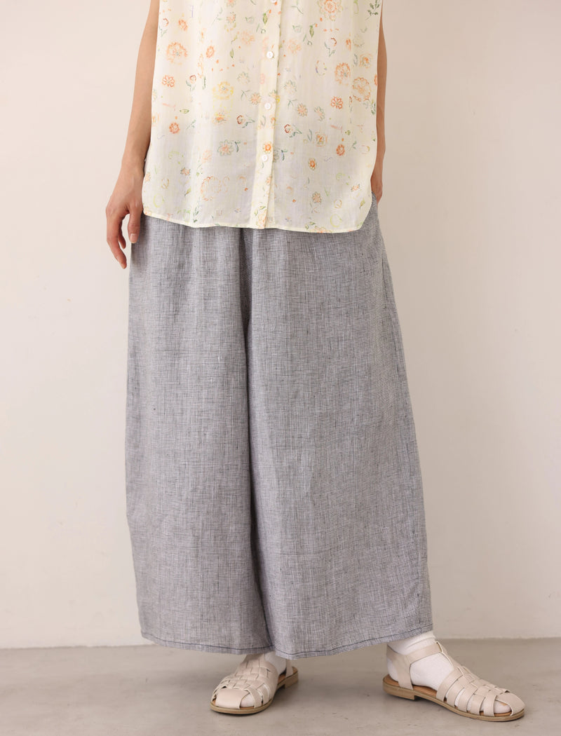 心地よさとおしゃれさを両立したワイドパンツ　千鳥格子織リネン100％　9分丈パンツ　ズボン　250901-2