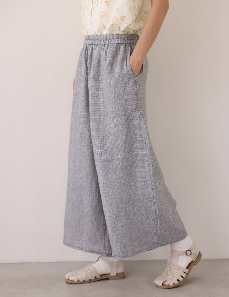心地よさとおしゃれさを両立したワイドパンツ　千鳥格子織リネン100％　9分丈パンツ　ズボン　250901-2