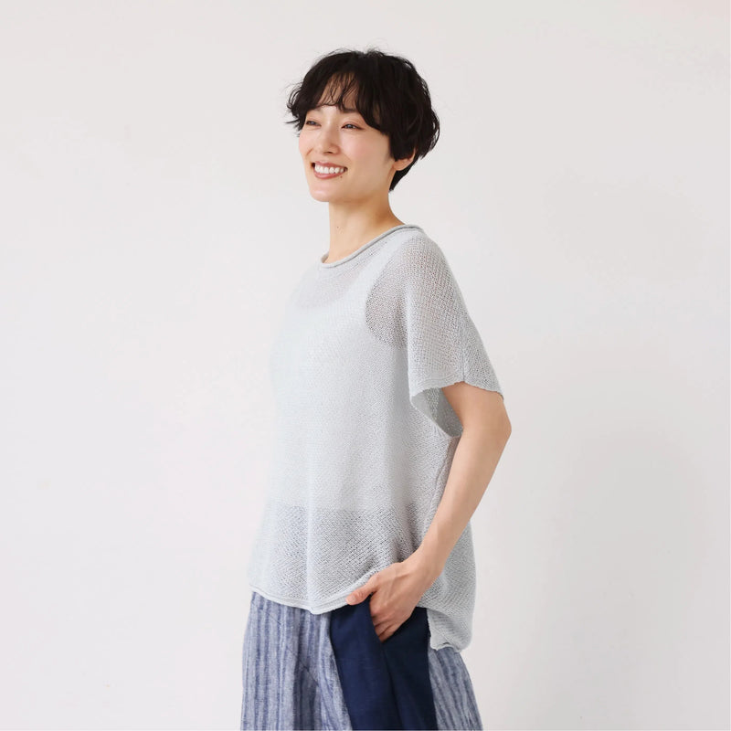 夏も冬も快適！立体編みのリネンコットンニットプルオーバー　　250703