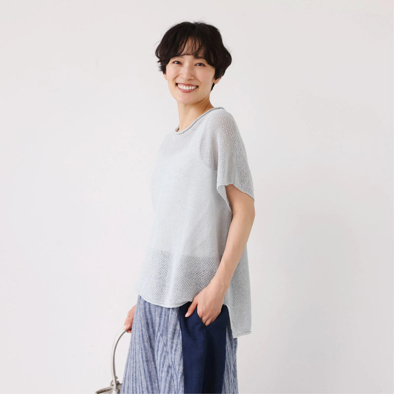 夏も冬も快適！立体編みのリネンコットンニットプルオーバー　　250703