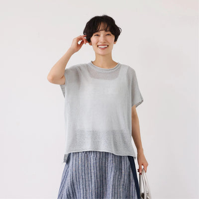 夏も冬も快適！立体編みのリネンコットンニットプルオーバー　　250703