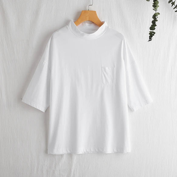 気付けば手に取る　コットンカットソー  ボトルネック7分袖Tシャツ　カットソー 220601