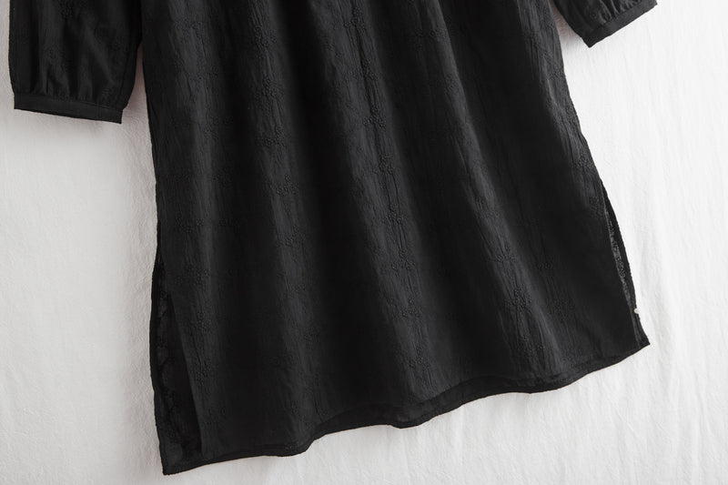 特別感を醸し出す　刺繍生地　ロングシャツワンピース　コットン100％　ブラック190603